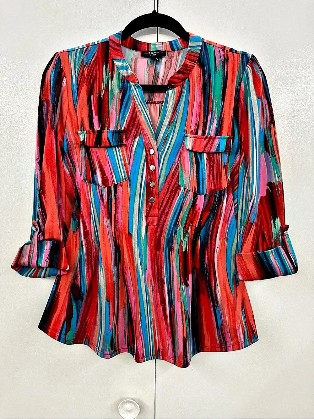 Cocomo Petite Colorful Abstract Brushstroke Roll Tab Blouse Size PS